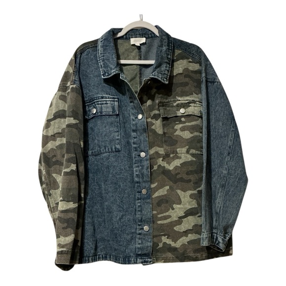 Oddi Jackets & Blazers - ODDY Oversized Mixed Medium Denim & Camo Shacket Jacket 2XL Button Front Pockets